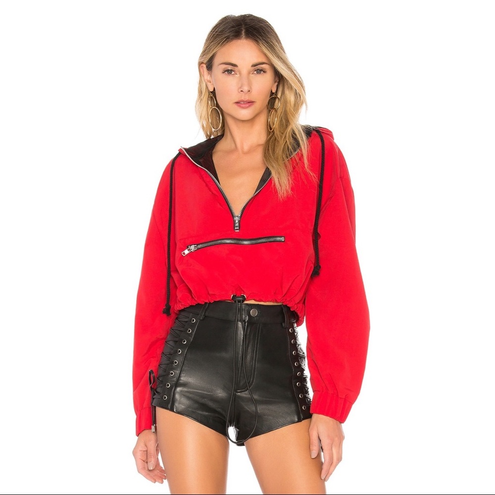 Danielle Guizio Cropped Zipper Pocket Hoodie - Red